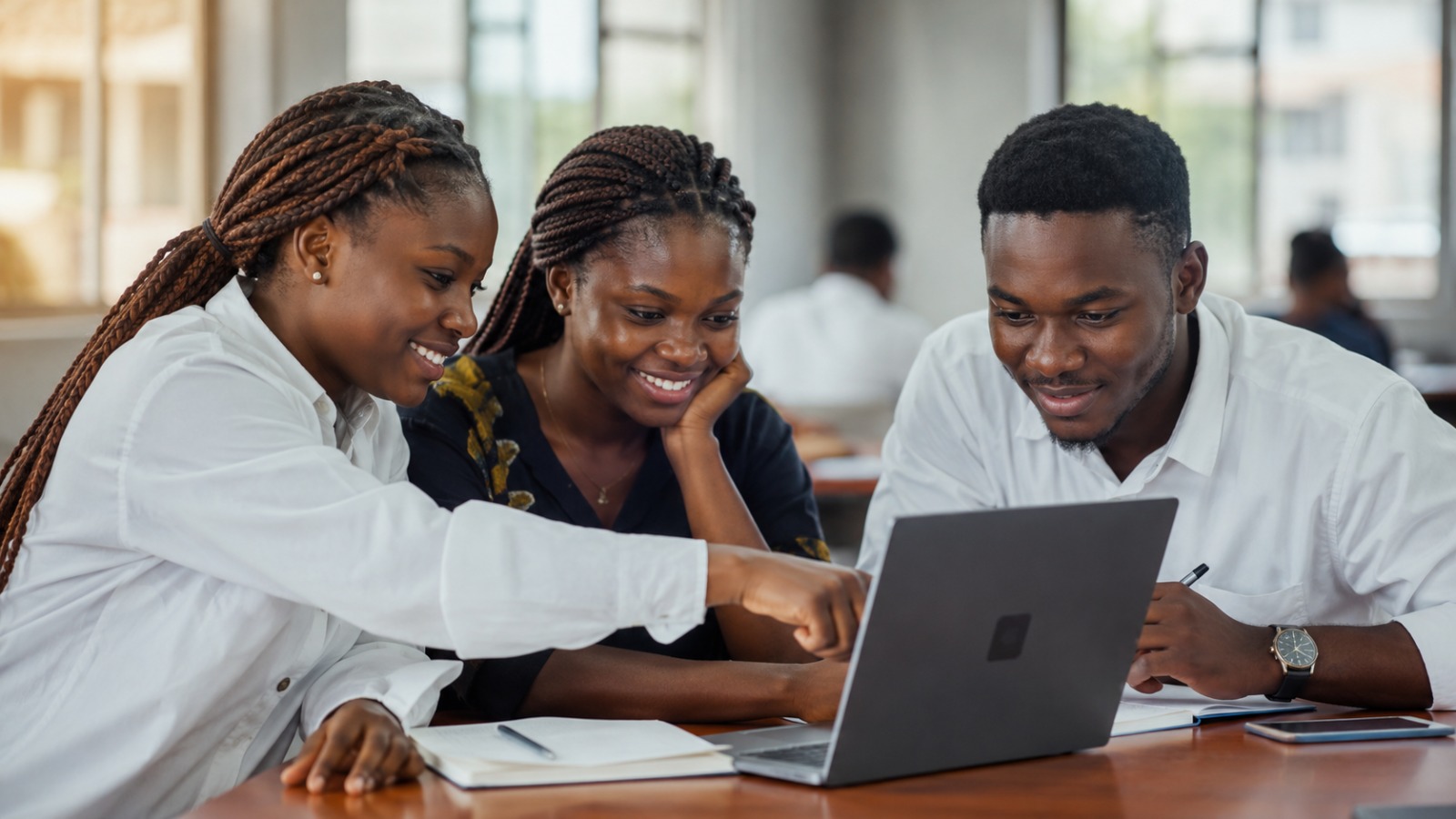 Young African learners collaborating around a laptop